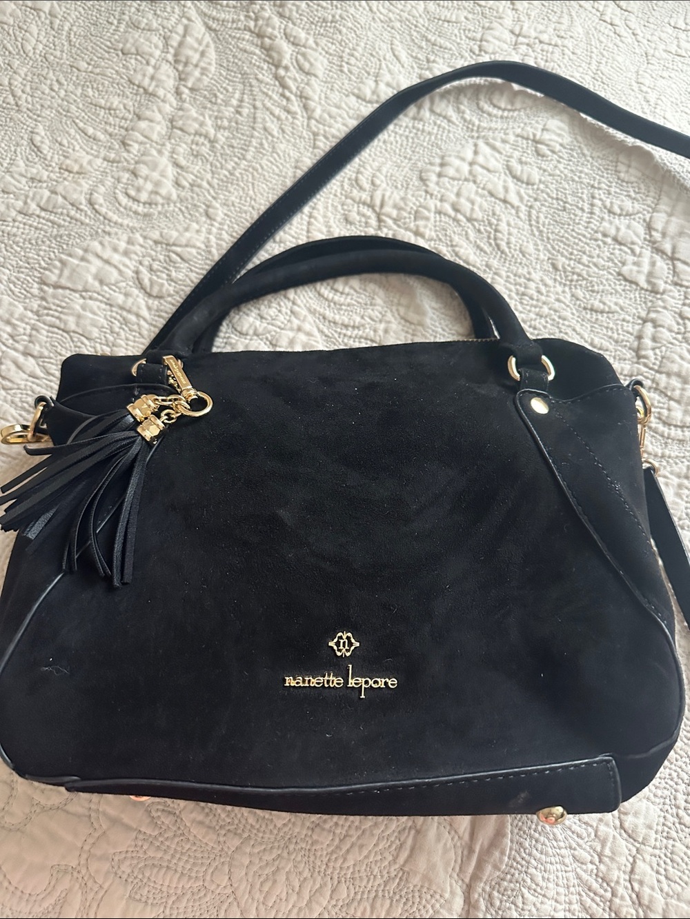 Nanette Lepore Black faux Suede Satchel with Tassel Charm